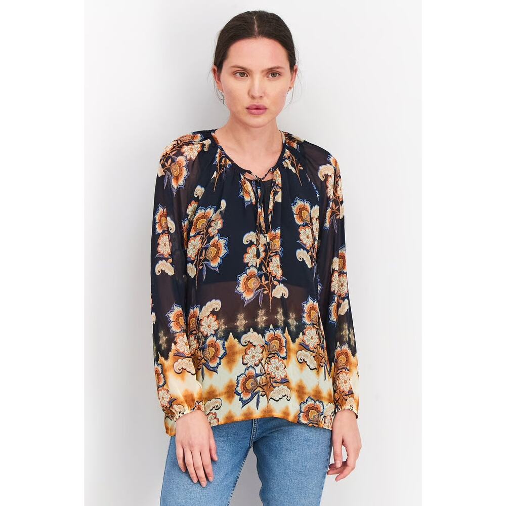 Liverpool Navy Floral Peasant Blouse L